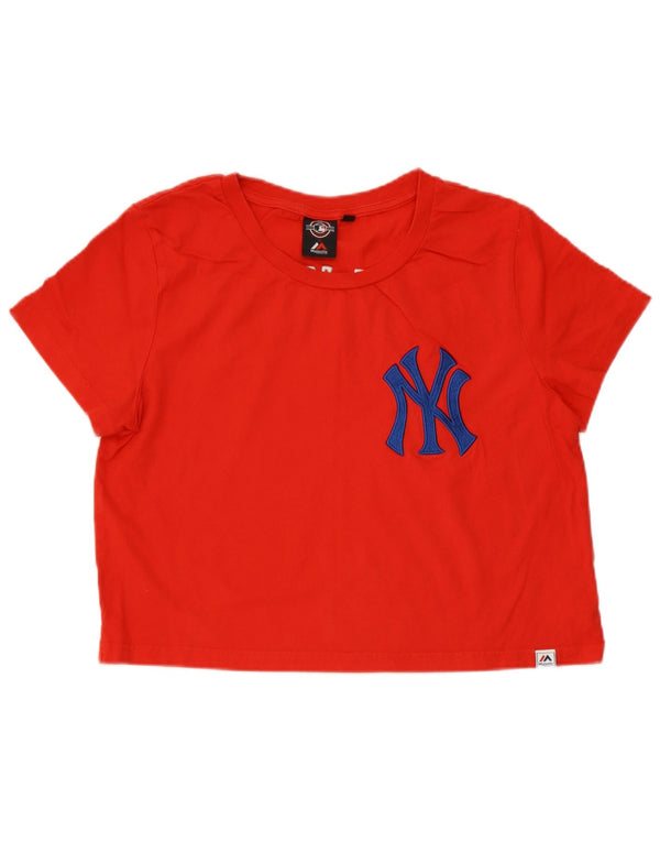 Majestic Womens New York Yankees Crop Grafisk T-Shirt Top UK 14 Medium Rød