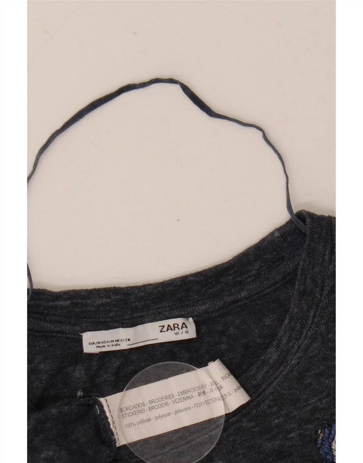 Zara Dame Oversized grafisk T-shirt Top UK 14 Medium Navy Blue Flower