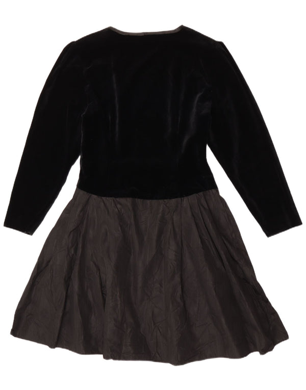 Vintage Dame Langærmet A-Line Kjole UK 14 Medium Sort