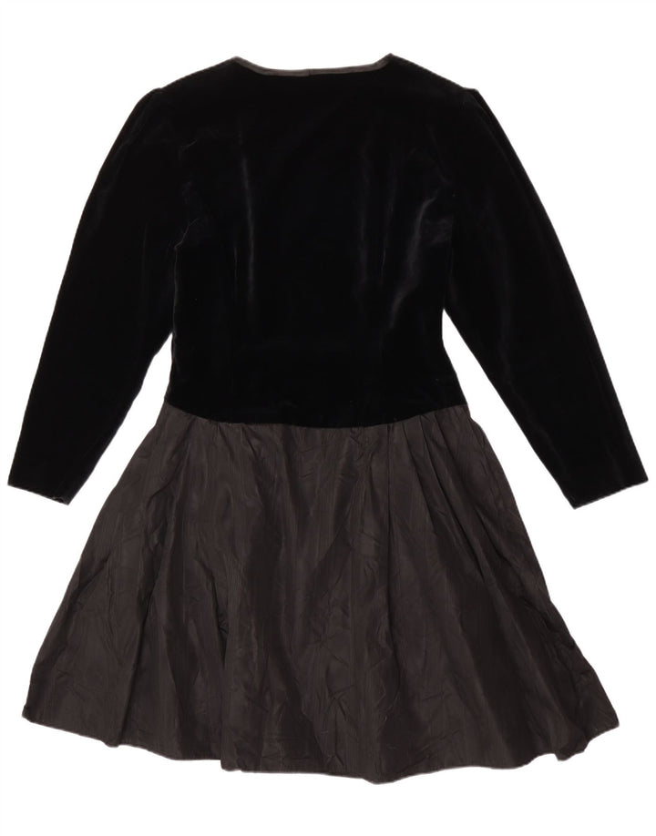 Vintage Dame Langærmet A-Line Kjole UK 14 Medium Sort