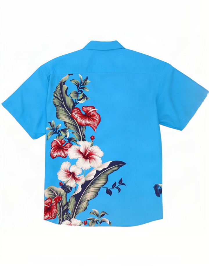 Lowes kortærmet herreskjorte 2XL blå blomsterpolyester Hawaiian