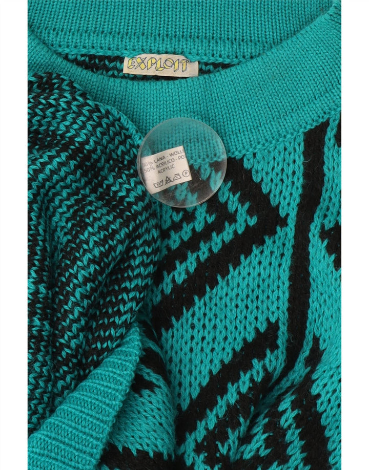Vintage Herre Turtle Neck Jumper Sweater Stor turkis geometrisk uld