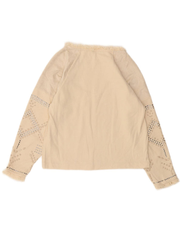 Zara Dame Langærmet Bluse Top UK 10 Small Off White Geometrisk Bomuld