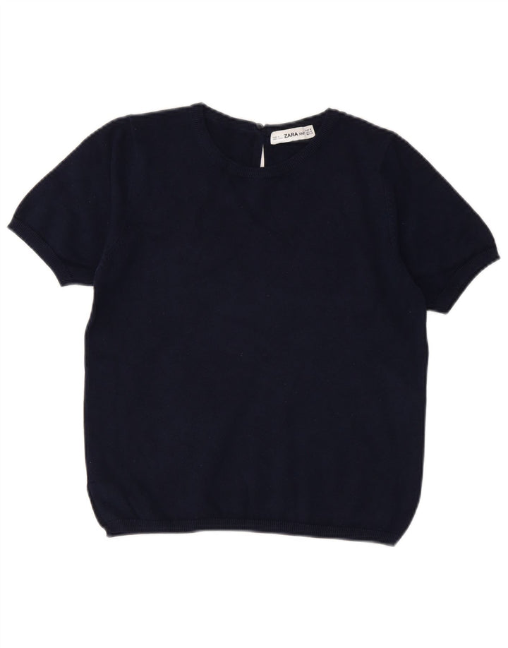 Zara Dame Crop Crew Neck Jumper Sweater UK 12 Medium Navy Blue