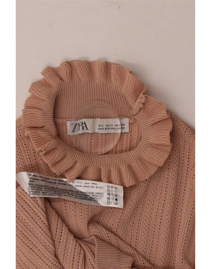 Zara Womens Crop Top Langærmet UK 10 Small Beige Viscose