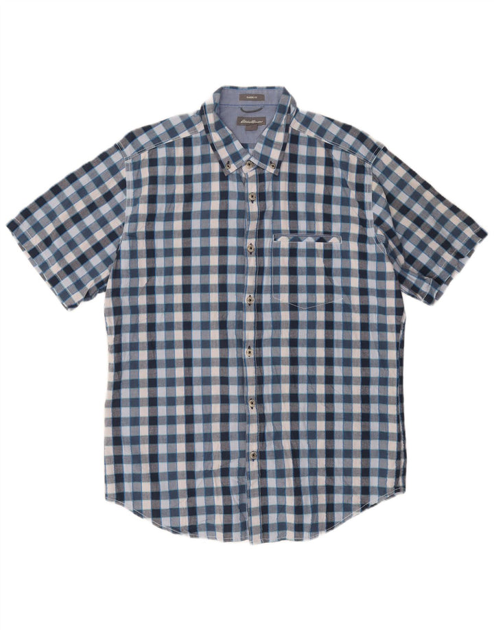 EDDIE BAUER Herre Classic Fit kortærmet skjorte mellemblå ternet bomuld