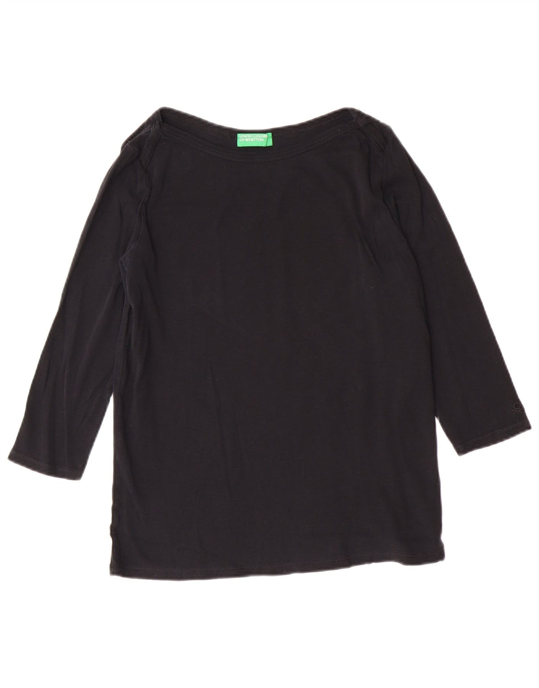 BENETTON Dame Top 3/4 ærmer UK 14 Large Black Bomuld