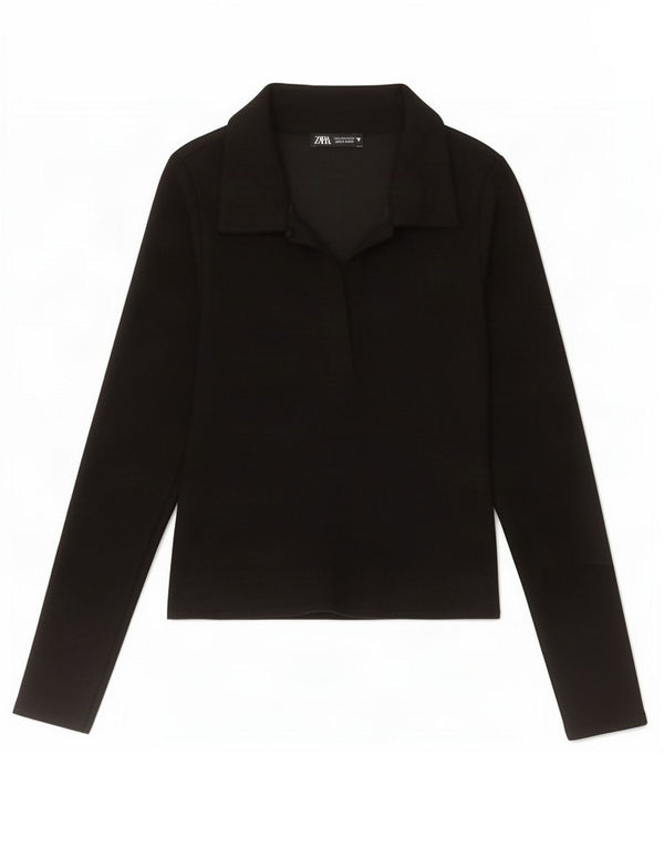 Zara Womens Crop Langærmet Polo Shirt UK 8 Small Black Polyester