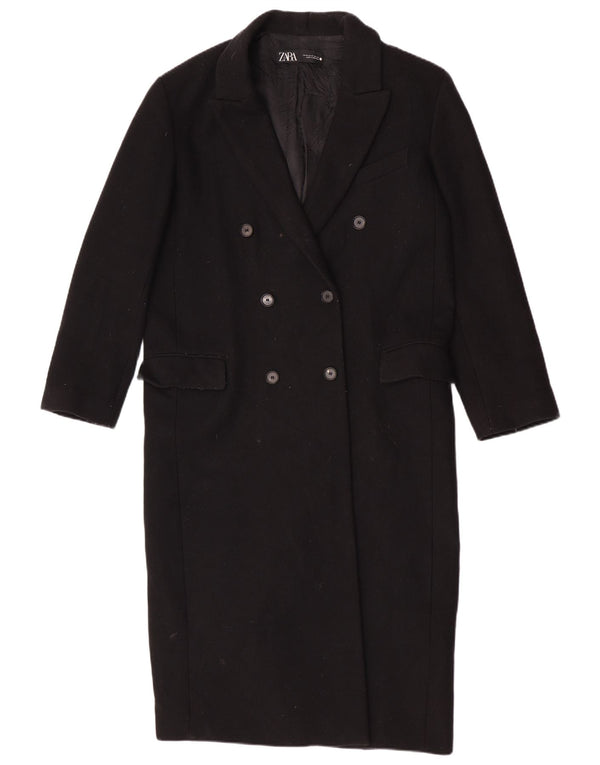 Zara Dame Dobbeltradet Frakke UK 14 Medium Sort Uld