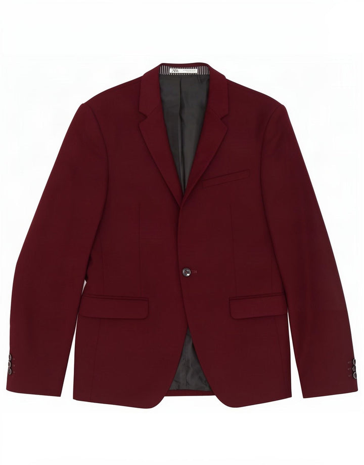 Zara Herre 1-knaps blazerjakke EU 48 Medium Burgundy Polyester