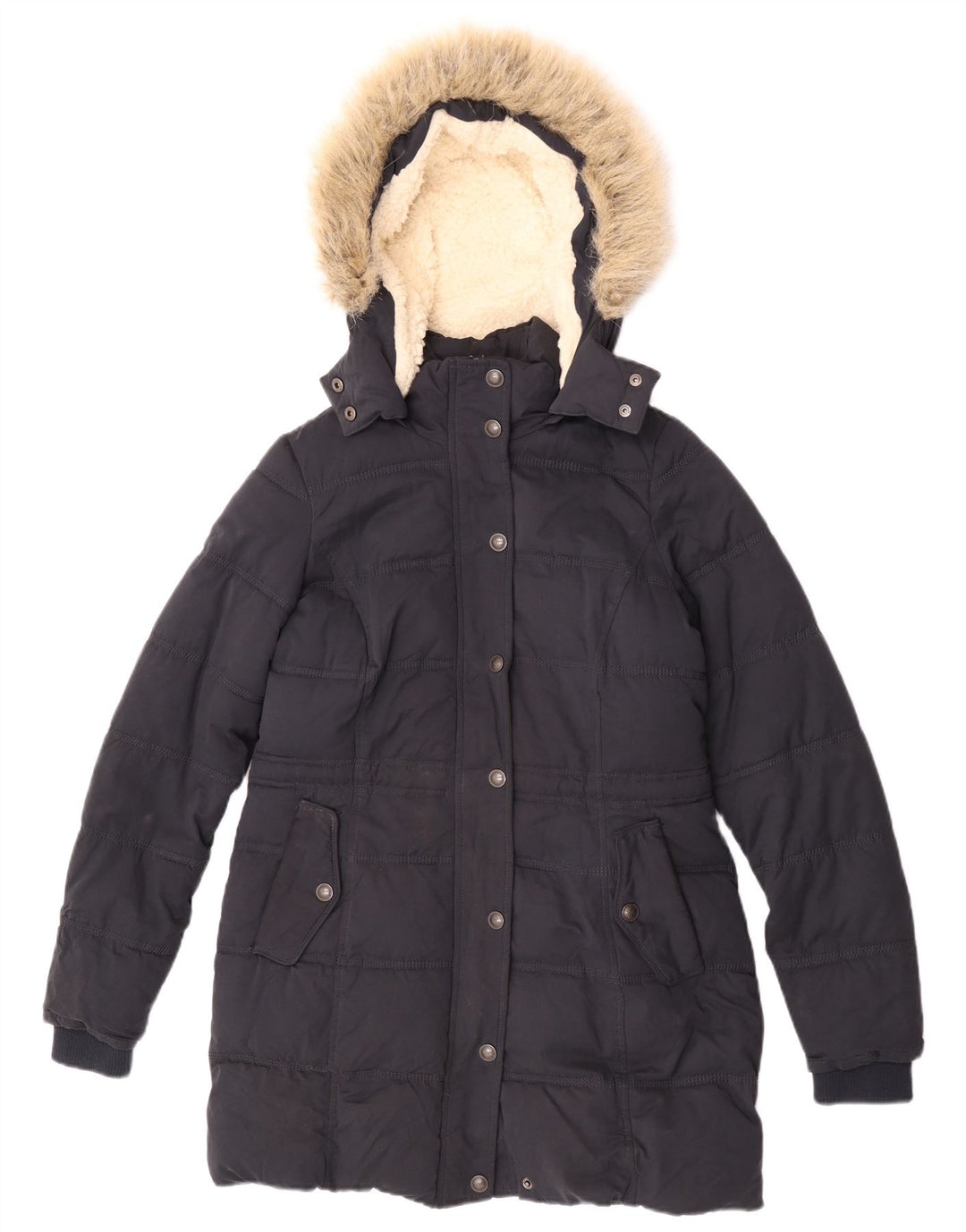Fat Face Dame Hætte Sherpa Polstret Frakke UK 8 Small Navy Blue Polyester