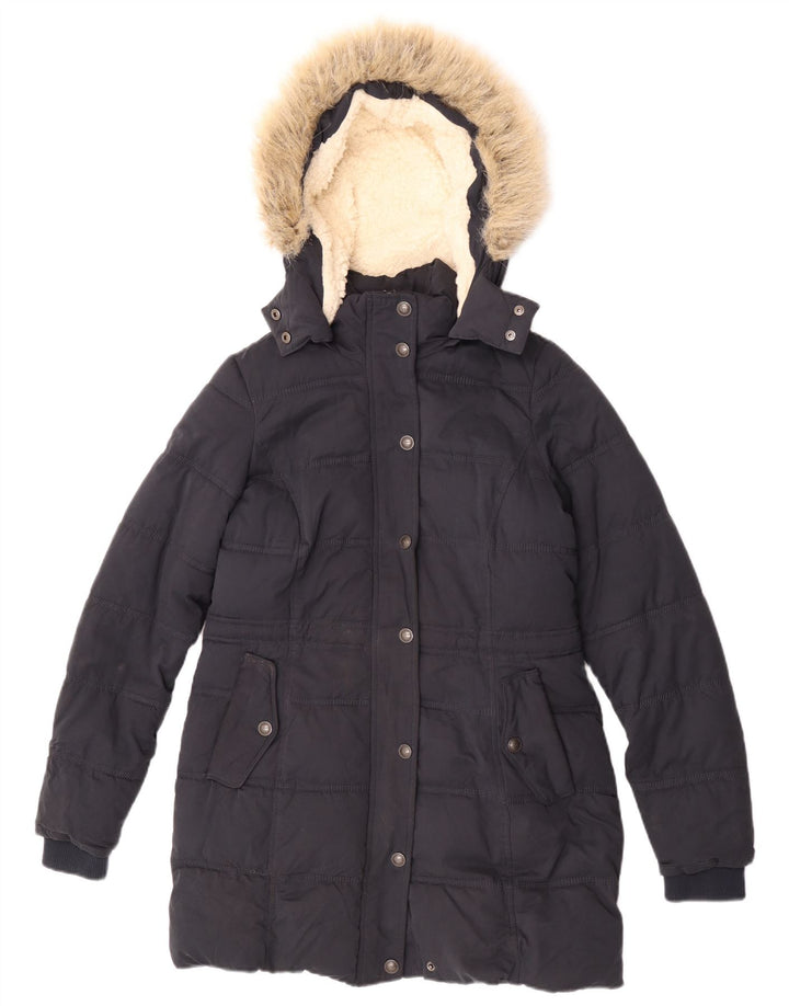 Fat Face Dame Hætte Sherpa Polstret Frakke UK 8 Small Navy Blue Polyester