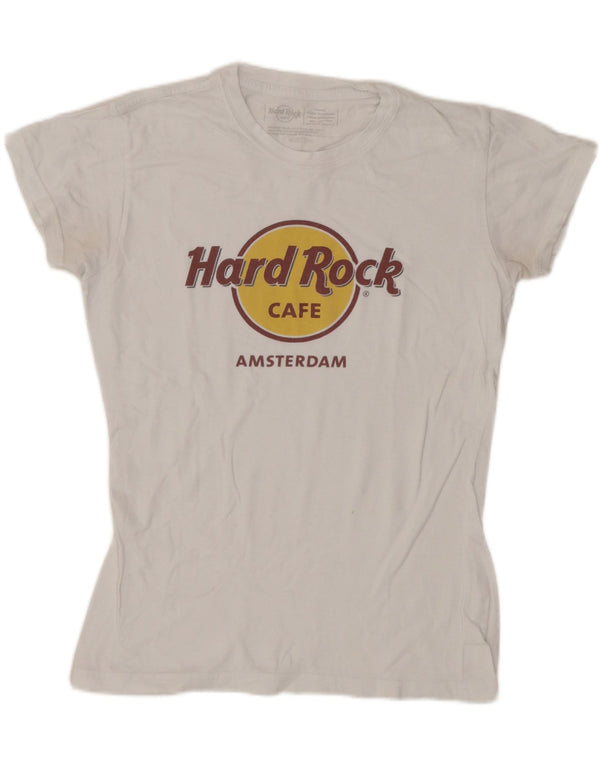 Hard Rock Cafe Dame Amsterdam Grafisk T-Shirt Top UK 10 Small White