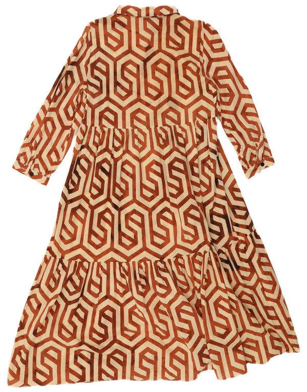 Zara Dame 3/4-ærmet Tiered Dress UK 10 Small Beige Geometric
