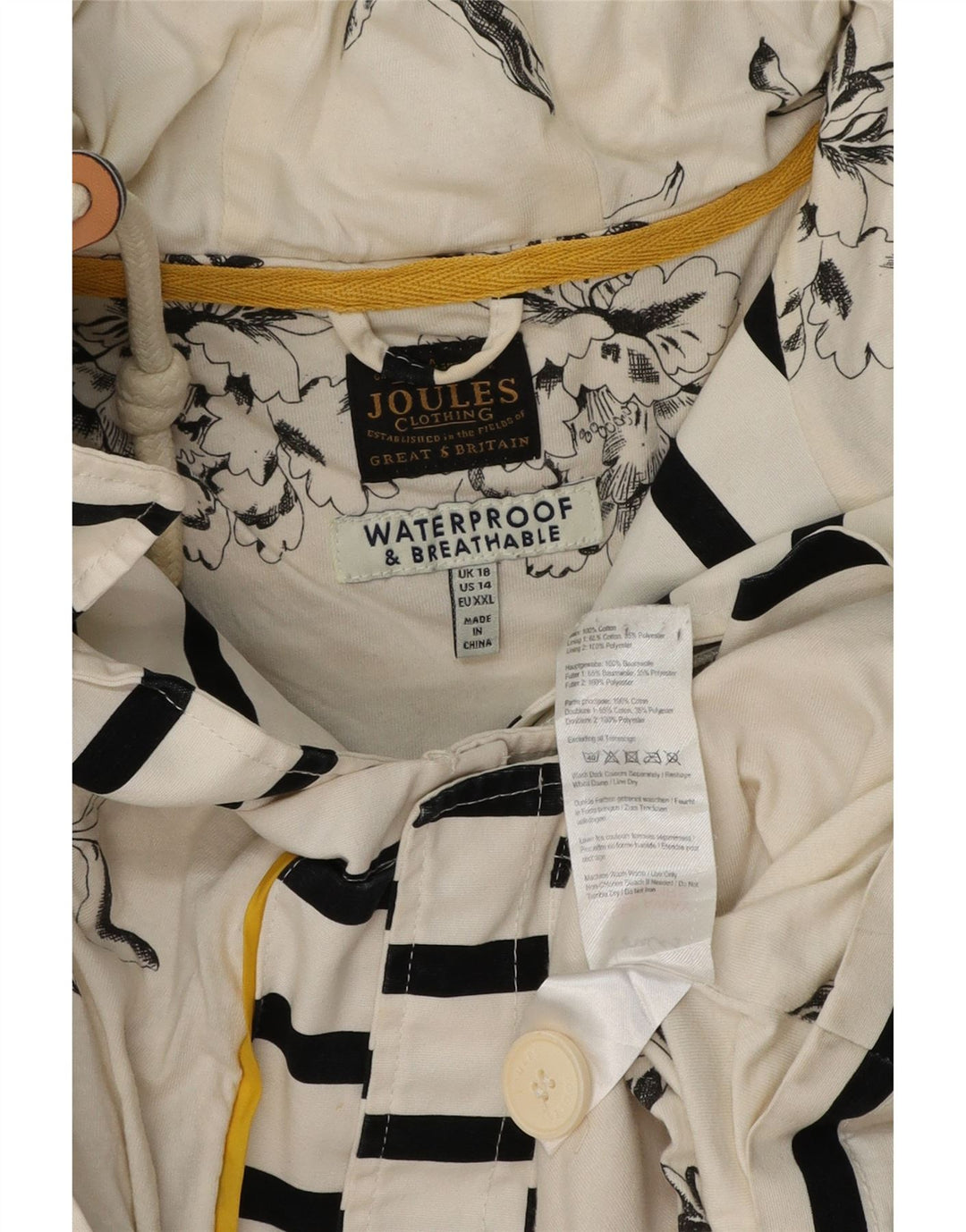 Joules Dame Hætte Oversized Vandtæt Jakke UK 18 XL Hvid Stribet