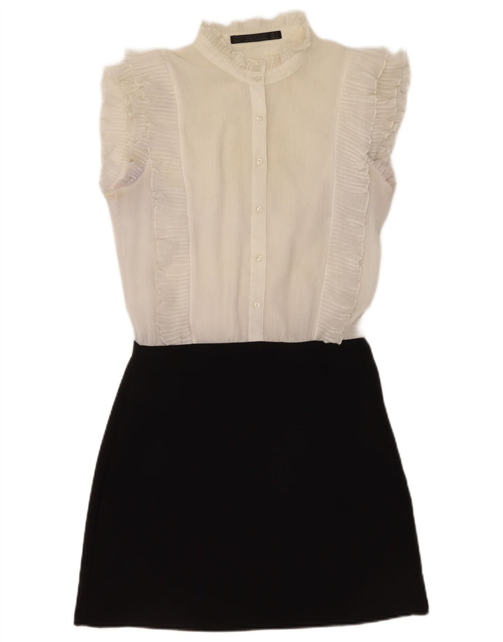 Zara Womens Ruffle Front A-Line Dress UK 10 Small White Colourblock