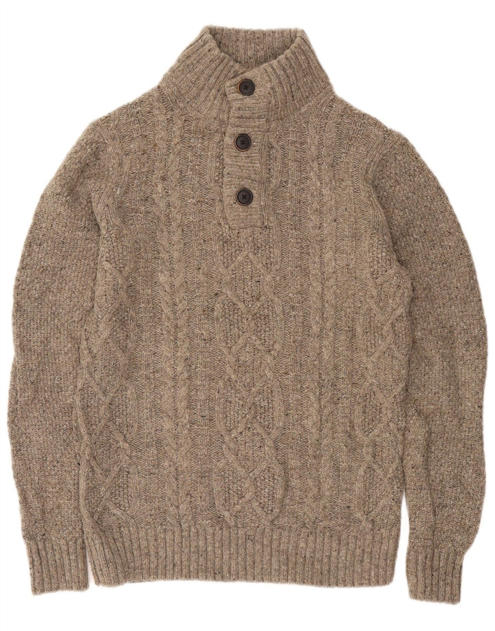 Fat Face Herre Button Neck Jumper Sweater Small Beige Uld