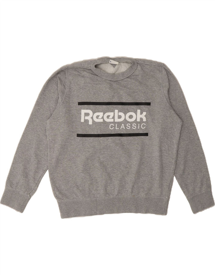 REEBOK Womens Graphic Oversized Sweatshirt Jumper UK 16/18 Large Grey Vintage Reebok and Second-Hand Reebok from Messina Hembry 