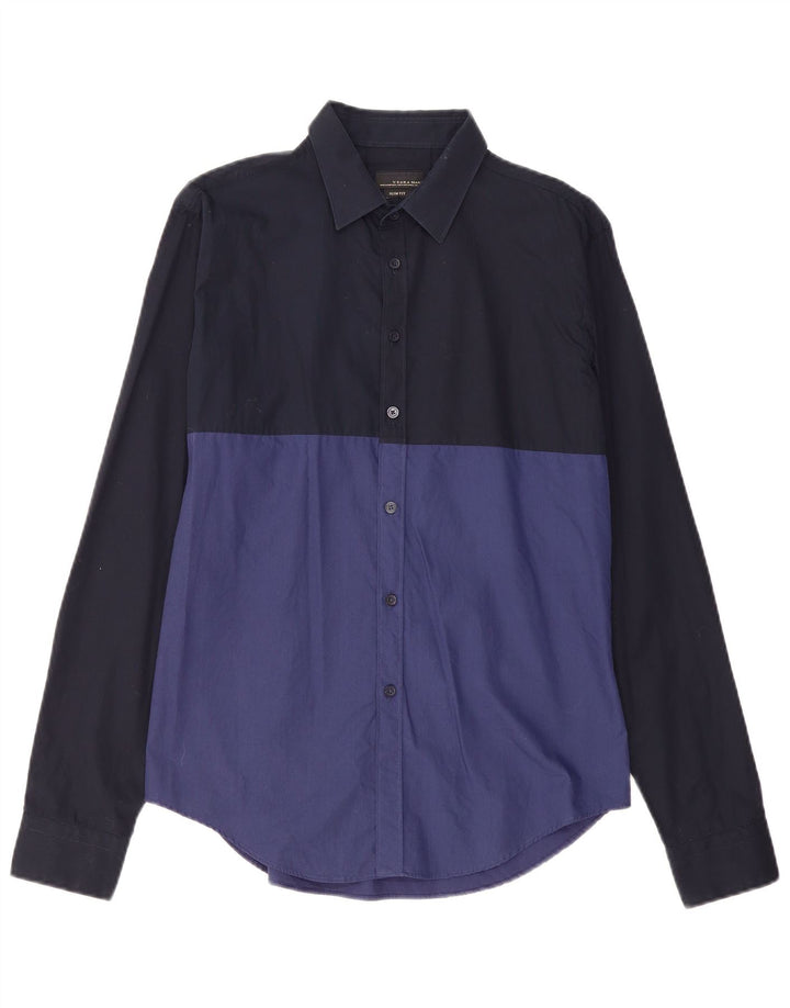 ZARA Herre Slim Fit skjorte Medium Navy Blue Colourblock