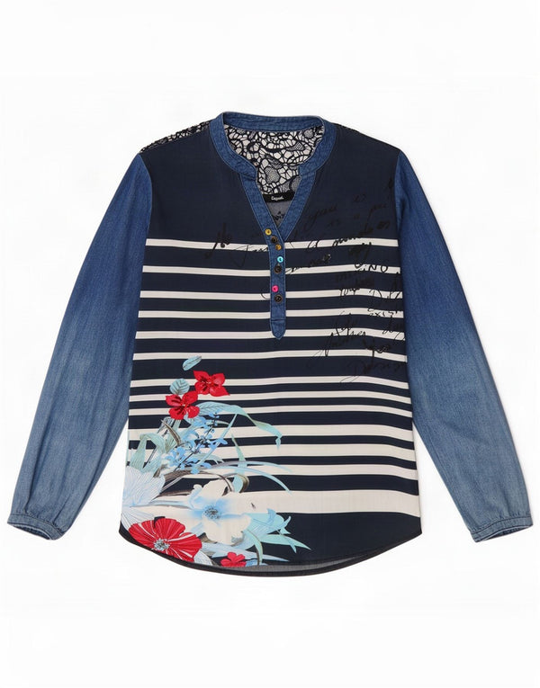 Desigual Dame Langærmet Bluse Top UK 6 XS Blå Stribet Bomuld