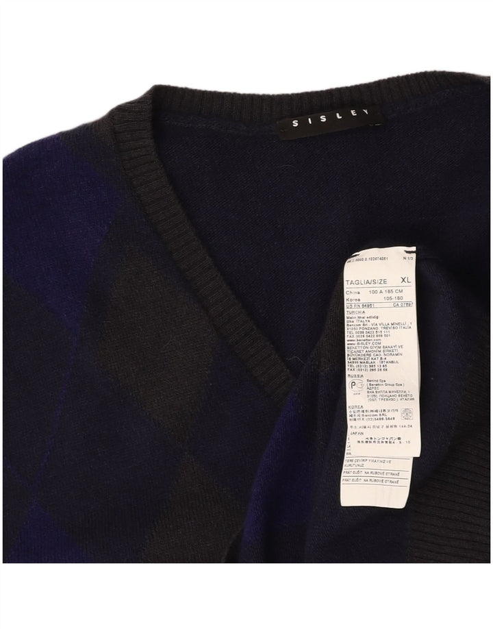 SISLEY Herrevest Tank Top XL Navy Blue Argyle/Diamond Wool