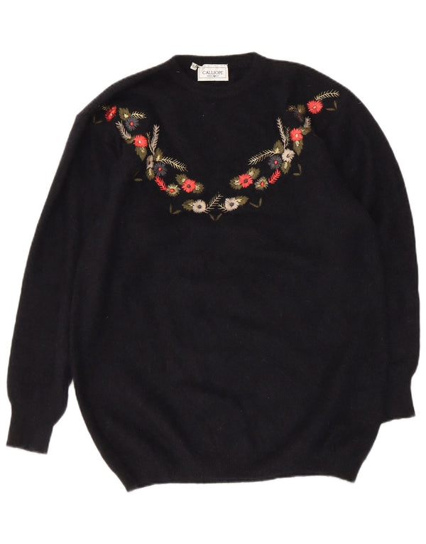 Calliope Dame Crew Neck Jumper Sweater UK 14 Medium Black Floral Angora