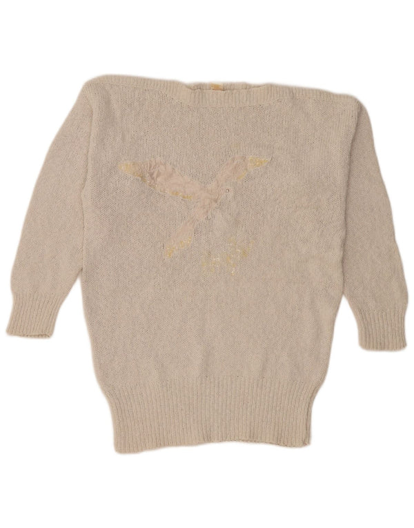 MISS ASTOR Dame Grafisk Boat Neck Jumper Sweater UK 16 Large Off White