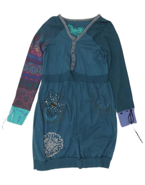 Desigual Dame Grafisk Langærmet Jumper Kjole UK 20 2XL Blue Floral