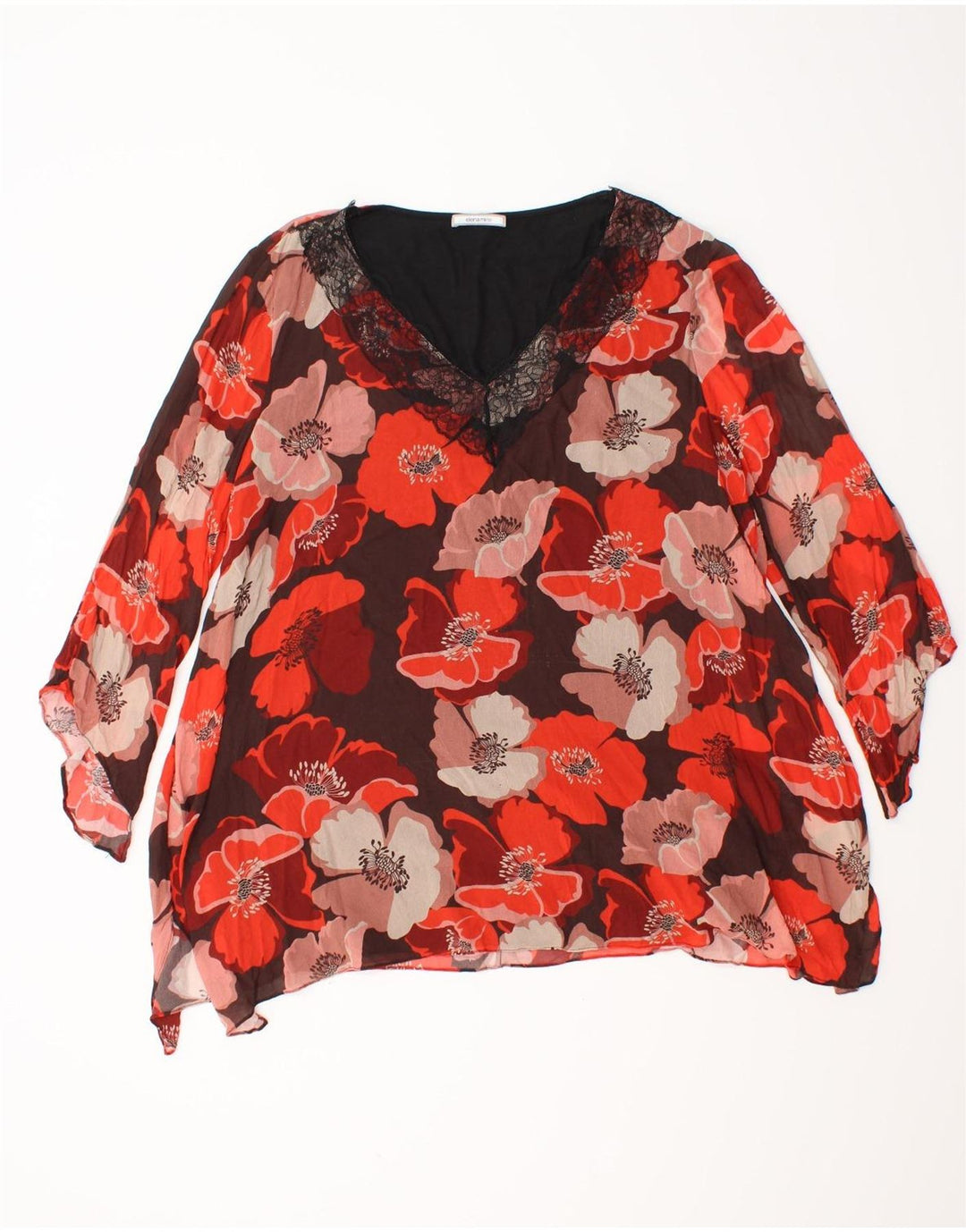 ELENA MIRO Dame 3/4-ærmet blusetop UK 16 Large Red Floral Viscose