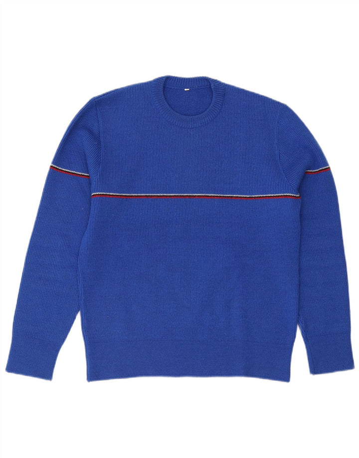 Vintage herre sweater med rund hals, lille blå stribet uld