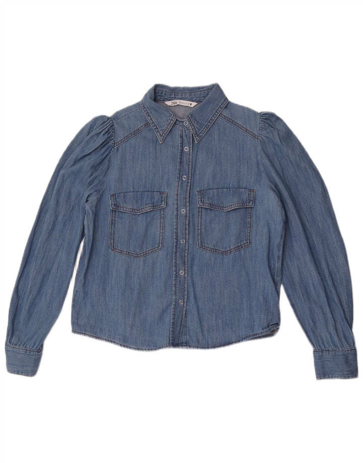 Zara Dame Denim Shirt UK 14 Medium Blue Cotton