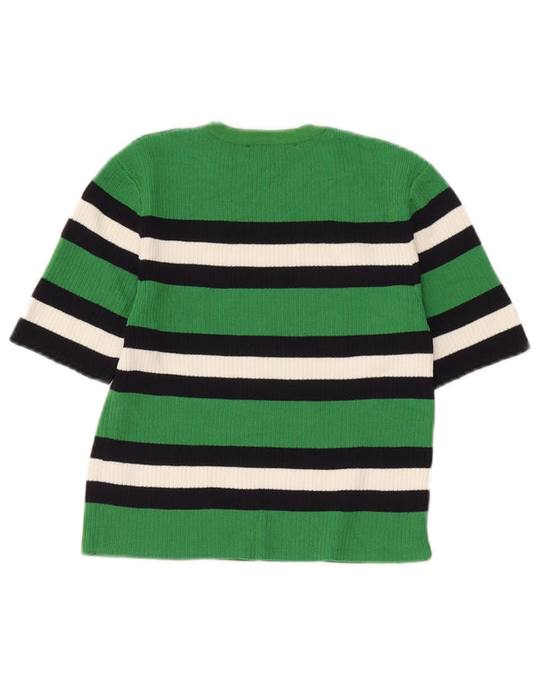 Zara Womens Crop Knit T-Shirt Top UK 12 Medium Green Striped Viscose