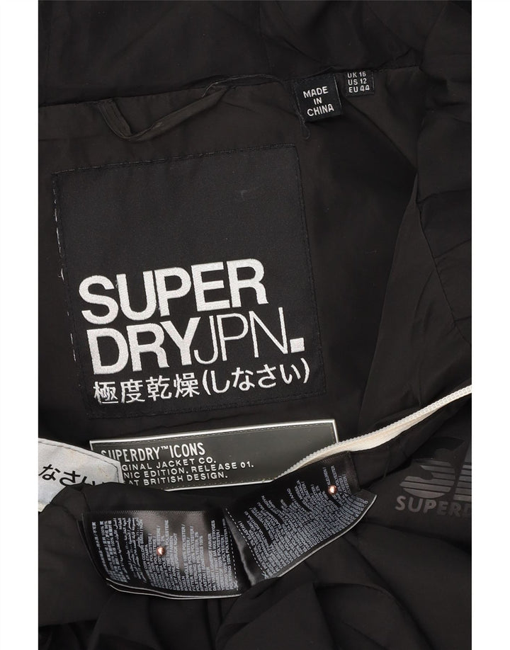 SUPERDRY Dame grafisk polstret hættejakke UK 16 Stor sort farveblok