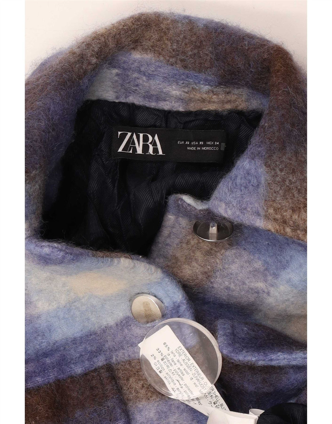 Zara Dame Oversized Shacket Jacket UK 6 XS Blå Plaid Uld