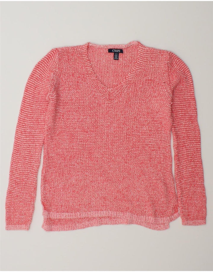 CHAPS Womens V-Neck Jumper Sweater UK 14 Medium Pink Cotton Vintage Chaps and Second-Hand Chaps from Messina Hembry 