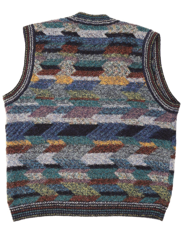 Vintage herre ærmeløs cardigan sweater XL flerfarvet geometrisk uld