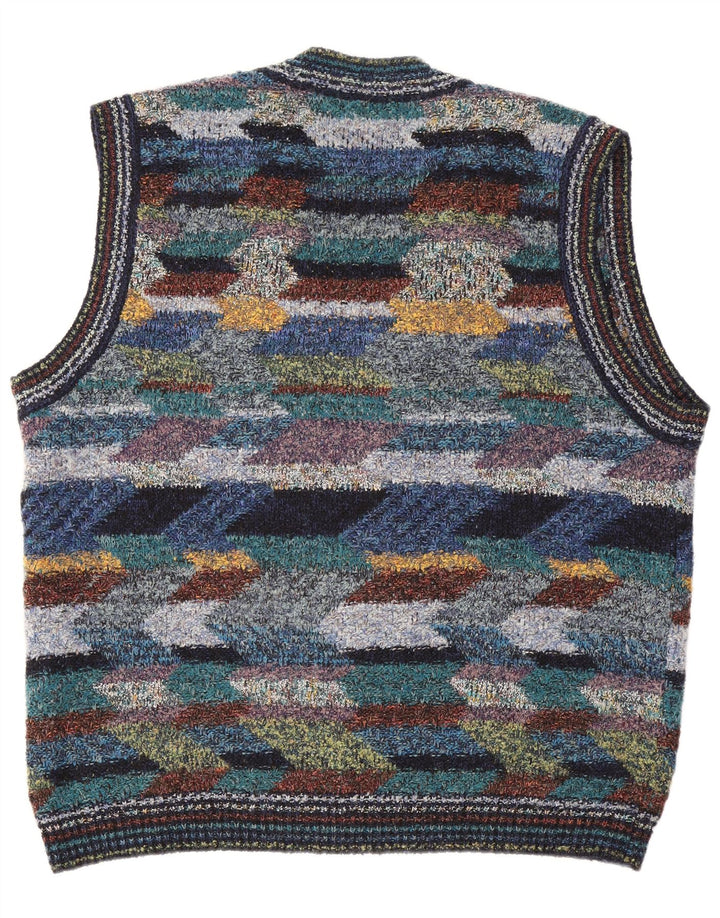 Vintage herre ærmeløs cardigan sweater XL flerfarvet geometrisk uld