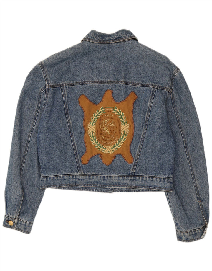 Roccobarocco Dame grafisk Crop denimjakke UK 14 Medium Blue Colourblock