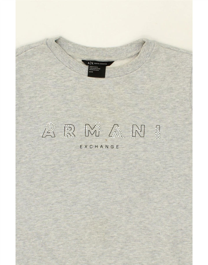ARMANI Womens Graphic Sweatshirt Jumper UK 10 Small Grey Cotton Vintage Armani and Second-Hand Armani from Messina Hembry 