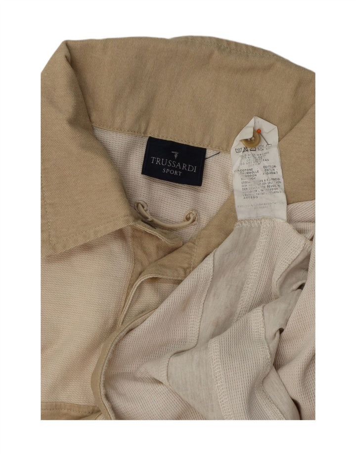 TRUSSARDI Mens Graphic Polo Shirt Medium Beige Striped Vintage Trussardi and Second-Hand Trussardi from Messina Hembry 
