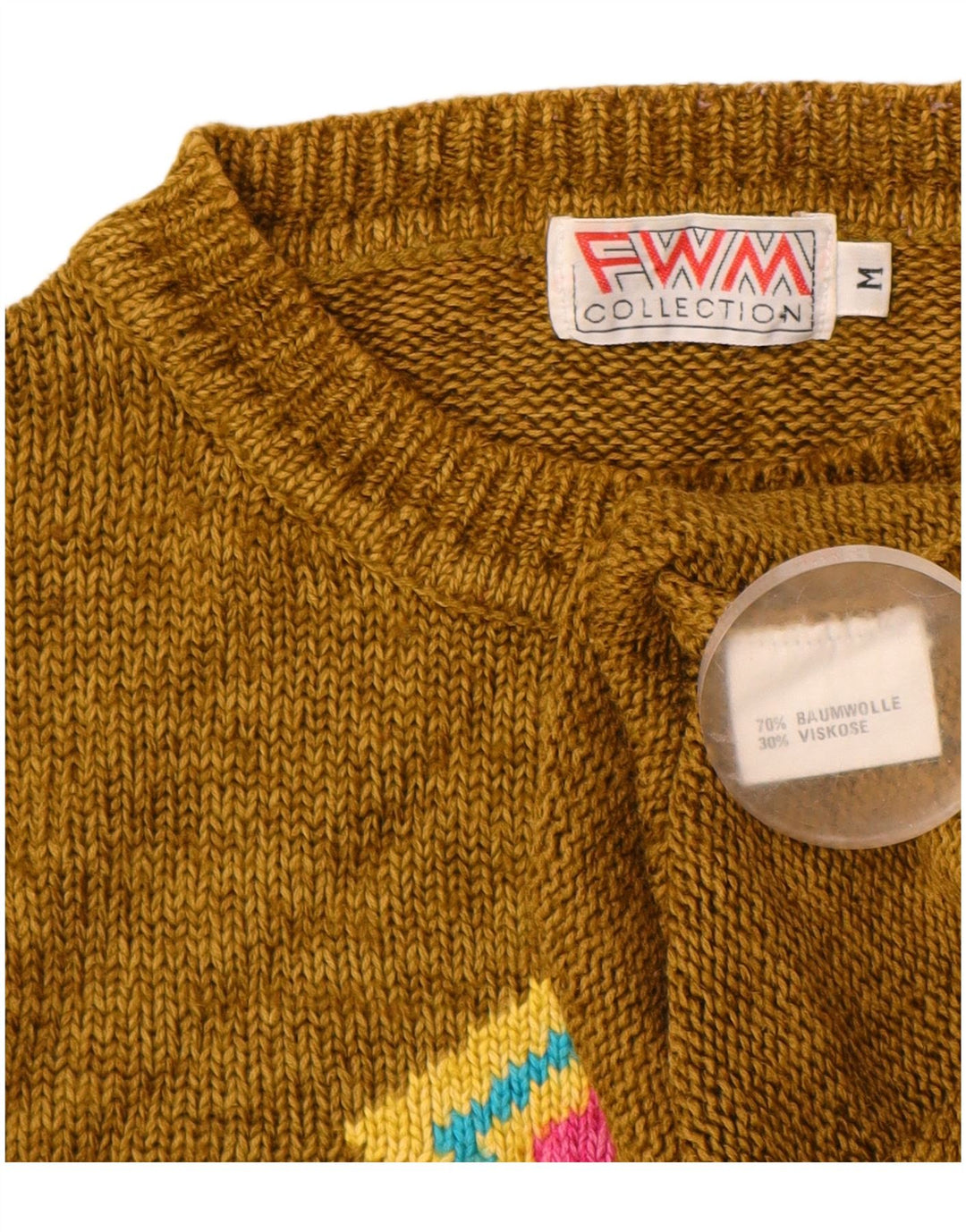 VINTAGE Dame sweater med rund hals, UK 14 Medium Khaki Argyle/Diamond