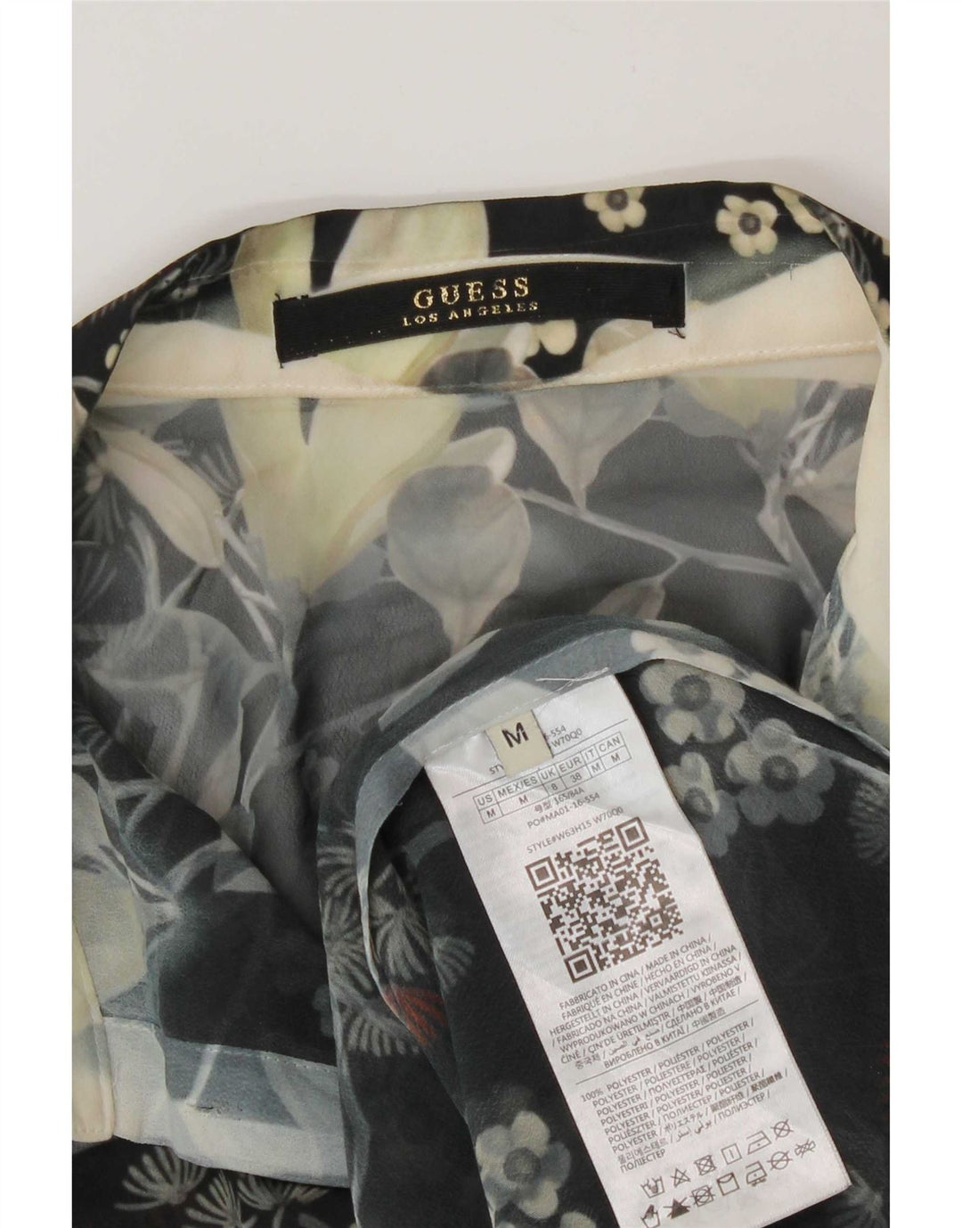 Guess Dame Se Through Shirt Bluse UK 14 Medium Black Floral Polyester