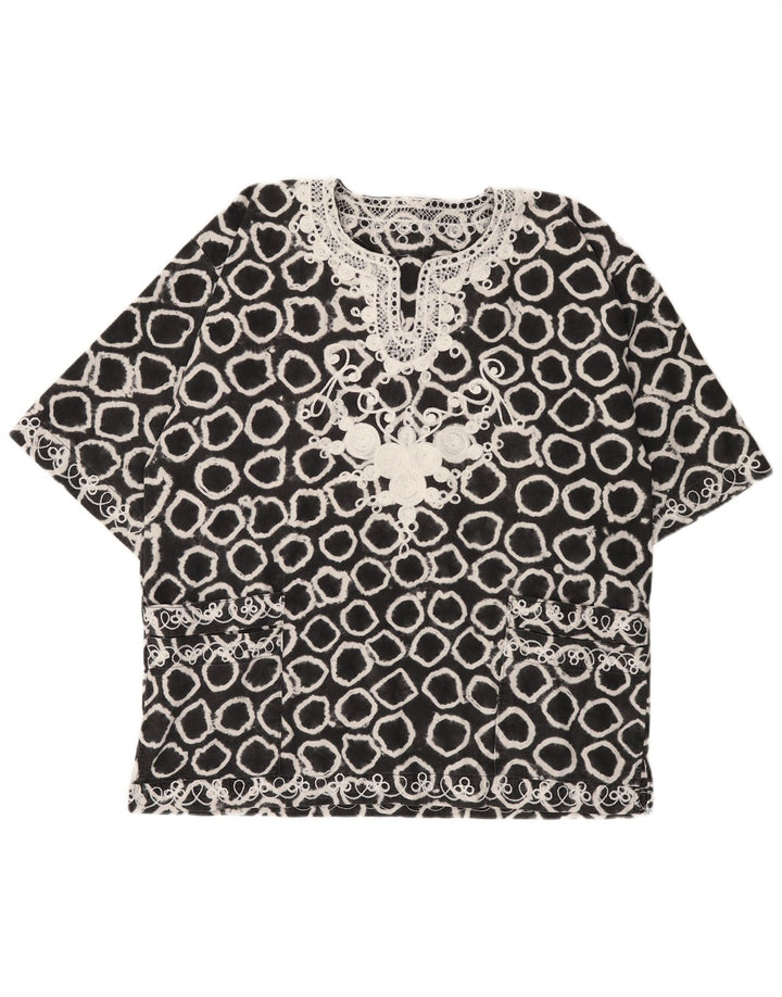 VINTAGE Dame Oversized abstrakt mønster bluse Top UK 18 XL Sort