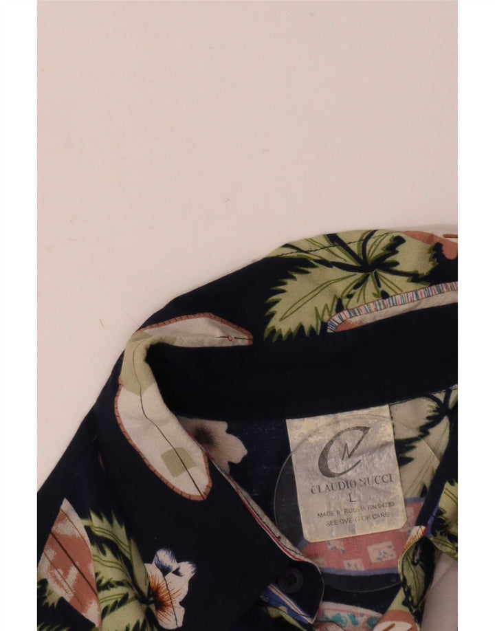 Vintage herre abstrakt mønster kortærmet skjorte stor marineblå rayon