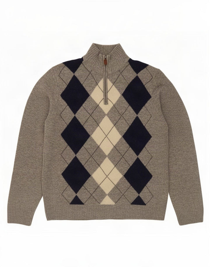 J. Crew Herre Zip Neck Jumper Sweater Large Grey Argyle/Diamond lammeuld