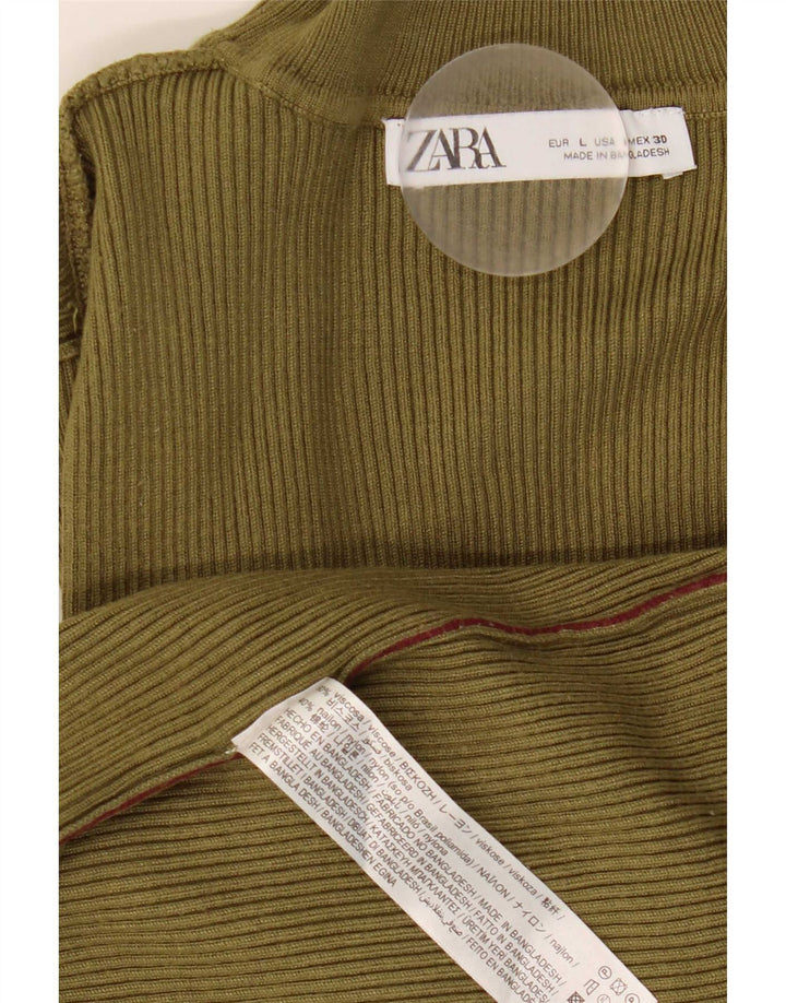 Zara Dame Top Langærmet UK 14 Stor Khaki Viscose