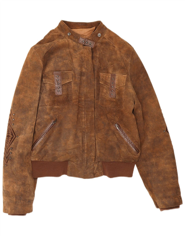 Conbipel Dame Ruskind Bomber Jacket IT 46 Stor Beige Geometrisk Læder