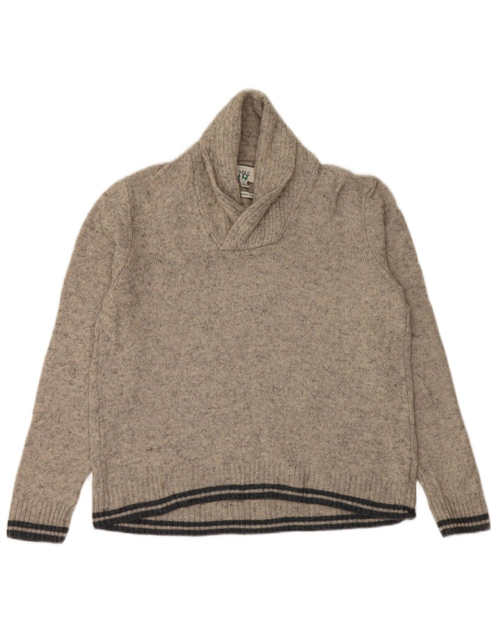 Marks & Spencer Herre Shawl Neck Jumper Sweater Large Grey Flecked Wool