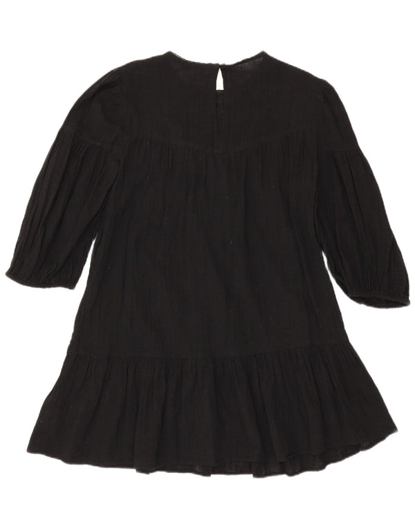 Zara Dame 3/4-ærmet Tiered Dress UK 10 Small Black Floral Bomuld