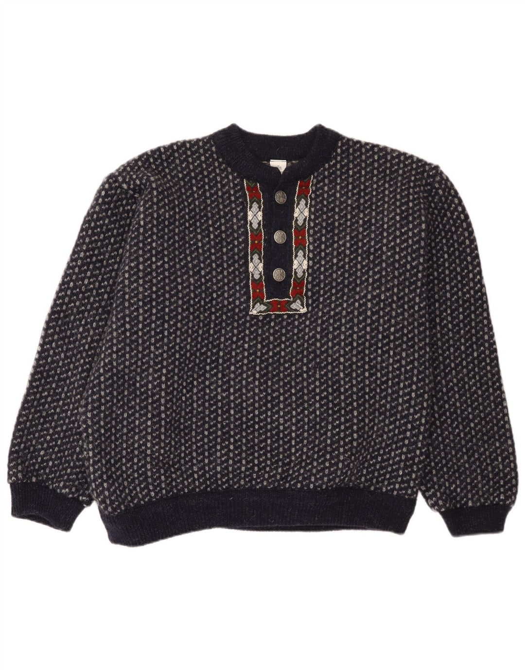 Walbusch Herre Button Neck Jumper Sweater EU 52 Large Navy Blue Geometric